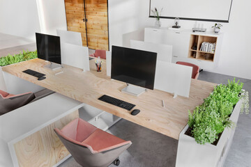 Large computer monitors on office desk. Corporate business interior 3d rendering