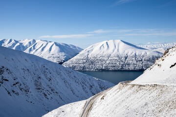 View of Ben Ohau range and Lake Ohau from the winding road to the skifield, Twizel, South Island.