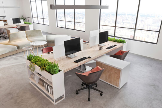 Modern open plan office space inteior. 3d illustration