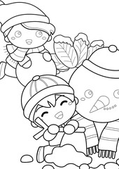 Kids and Snowman Coloring Pages A4 for Kids and Adult