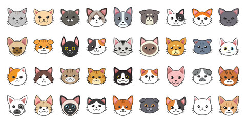 Different type of vector cartoon cat faces for design.