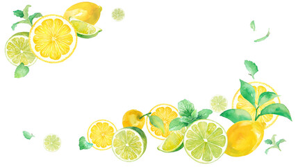 爽やかなシトラスとミントの水彩イラスト。2隅を装飾したフレームデザイン。バナー背景。レモンとライム。（透過背景）