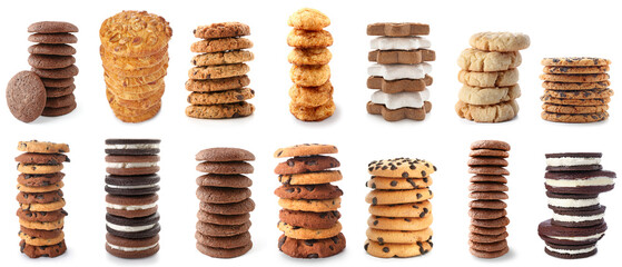Stacks of different sweet cookies isolated on white