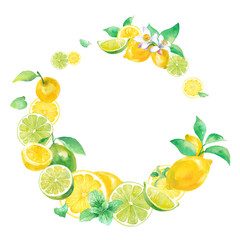 爽やかなシトラスとミントの水彩イラスト。円形装飾フレームデザイン。レモンとライム。（透過背景） © Keiko Takamatsu