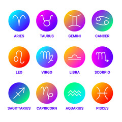 Zodiac Horoscope Line Circles Set Colorful. Vector Thin Outline Symbols.