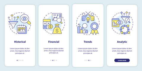 Profitability models for forecasting onboarding mobile app screen. Walkthrough 4 steps editable graphic instructions with linear concepts. UI, UX, GUI template. Myriad Pro-Bold, Regular fonts used