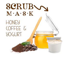 Opened jar with honey and wooden spoon on white background