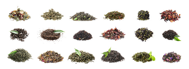 Different types of dry tea on white background - obrazy, fototapety, plakaty