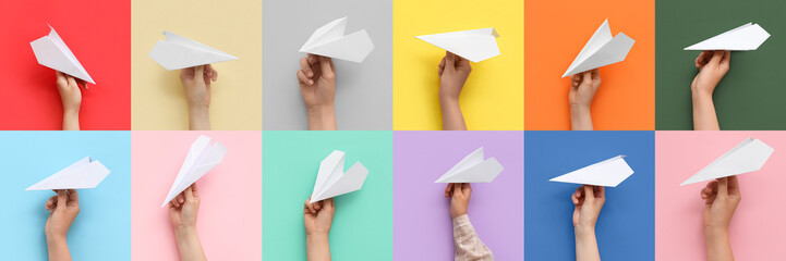 Many hands with paper planes on colorful background