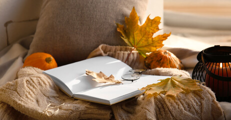 Autumn composition with book, eyeglasses, knitted clothes and leaves on windowsill