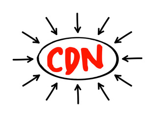 CDN - Content Delivery Network is a geographically distributed network of proxy servers and their data centers, acronym concept with arrows - obrazy, fototapety, plakaty