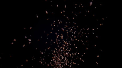 Coffee beans rising up in super slow motion. Fragrant tasty seeds falling.