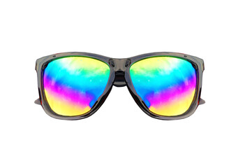 Black sunglasses with rainbow mercury lenses isolated on white background.