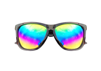 Black sunglasses with rainbow mercury lenses isolated on white background.