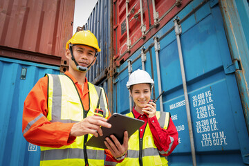 Woman Foreman and Operator Checking Cargo in Container cargo CustomTerminal port, Manager use Tablet for checking cargo concept import export transportation and logistic insurance service