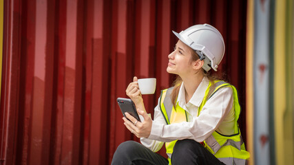 smile woman foreman manager drink coffee, forman in reflective vest safety jacket sits down...