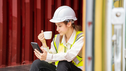smile woman foreman manager drink coffee, forman in reflective vest safety jacket sits down relaxing Drinking a Cup of Coffee during breakfast brunch break