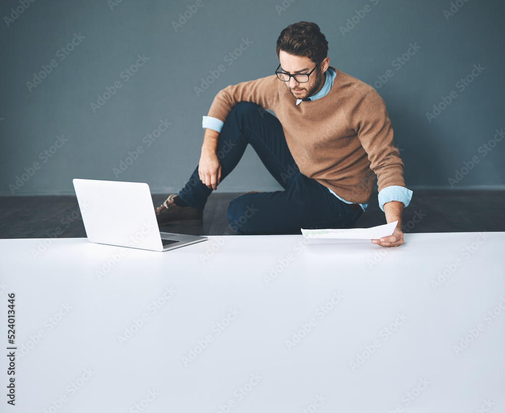 Poster copyspace, planning and innovation on a laptop, while doing research and thinking of vision and miss