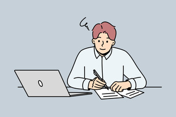 Young man sit at desk working on laptop making notes on paper. Guy studying online on computer writing in notebook. Education and remote job. Vector illustration. 