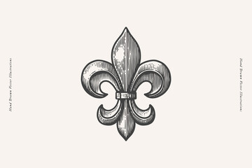 Royal lily flower in engraving style. Fleur de lis on a light isolated background. Heraldic symbol of royalty. Vintage vector illustration. - obrazy, fototapety, plakaty