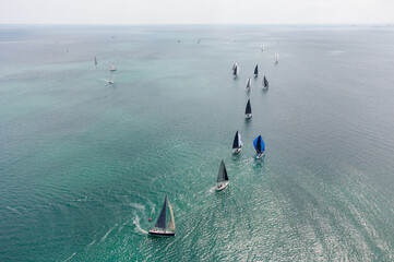 Aerial view of sailing yachts regatta race on sea near Varna in Bulgaria, Black sea
