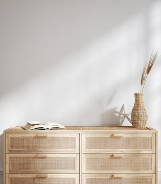 Home mockup, interior background with rattan furniture and blank wall, Coastal style, 3d render