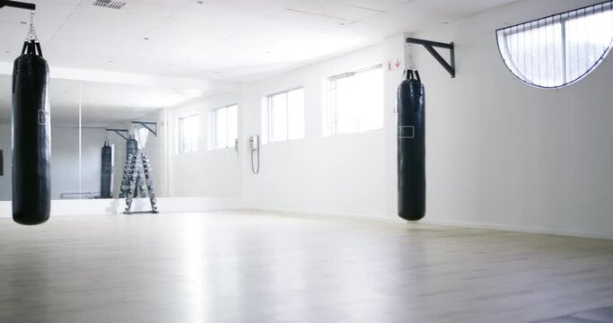 Boxing bags and gym equipment in an empty wellness, healthcare and fitness centre. Workout and training gear to get fit, active and tone or practice combat sports for anger management and weight loss