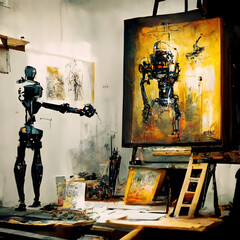 Fototapeta anthropomorphic robot artist in the studio next to the easel, painting and paints while working - neural network generated art, picture produced with ai in 2022 obraz