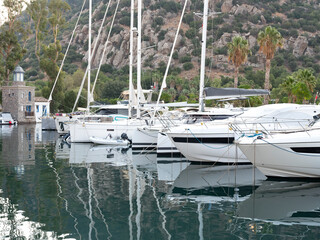 yachts and motor boat in marina port, Aspat Marina, Bodrum, Turkey