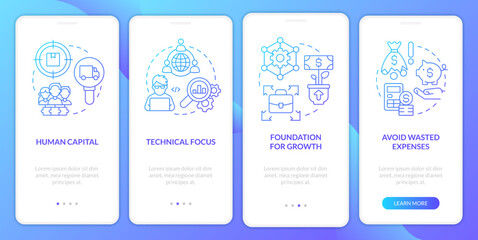 Startup needs consulting service blue gradient onboarding mobile app screen. Walkthrough 4 steps graphic instructions with linear concepts. UI, UX, GUI template. Myriad Pro-Bold, Regular fonts used