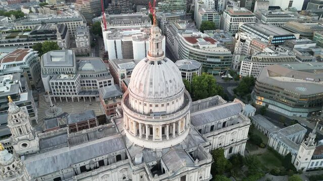 Overhead birds eye view St Paul&rsquo;s Cathedral dome London drone aerial view sunset