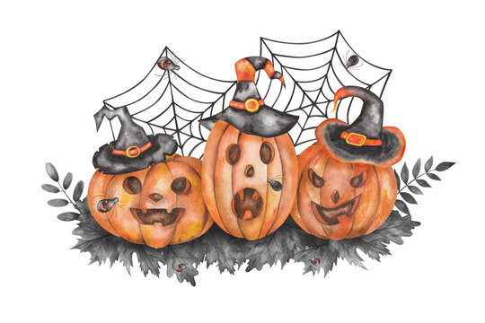Watercolor illustration of hand painted witch hats on carved jake-o-lantern pumpkins in black and orange colors with leaves, cobweb, spiders. Isolated clip art for Halloween cards, posters, prints