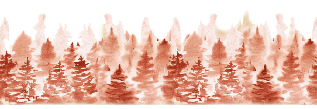Watercolor mountain landascape seamless pattern. Travel illustration with scandinavian nature. Autumn mountains and forest for wallpaper 