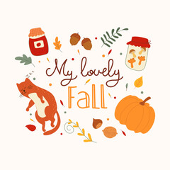 Vector illustration of cozy autumn with cute elements and lettering My lovely Fall. The concept of a cozy autumn for posters, postcards, etc.