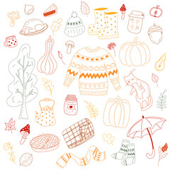 Doodle autumn. Vector illustration of cute autumn elements in hand-draw style: sweater, pumpkins, rubber boots, etc.