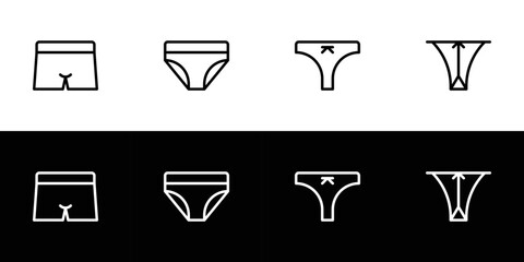 Underwear icon set. Flat design icon collection isolated on black and white background. Brief, slip, thong, and string.