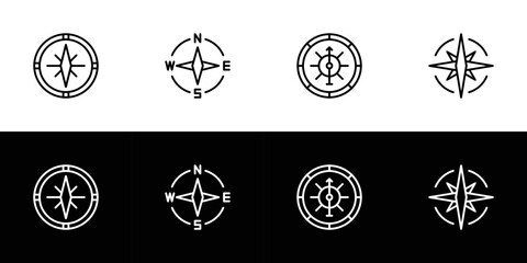 Compass icon set. Flat design icon collection isolated on black and white background.