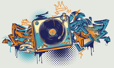 Drawn vinyl record turntable with graffiti arrows, colorful music design
