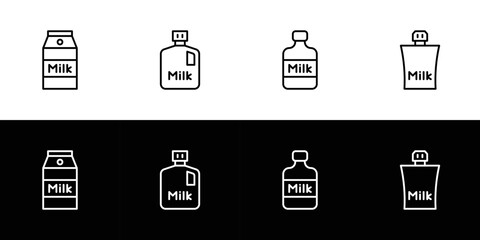 Milk container icon set. Flat design icon collection isolated on black and white background. Bottle, box, and doypack or stand up pouch.