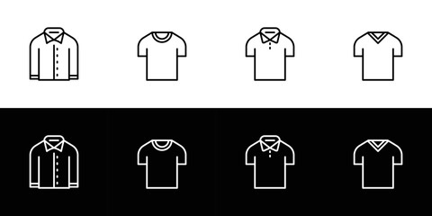 Men cloth icon set. Flat design icon collection isolated on black and white background. Shirt, T-shirt, polo, and V-neck shirt.