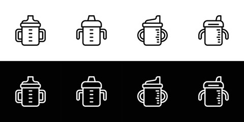 Sippy cup icon set. Flat design icon collection isolated on black and white background.