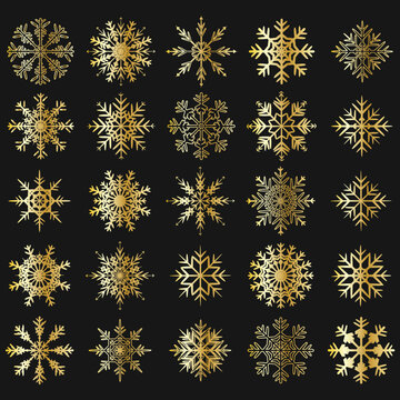 Christmas Gold Snowflake Icons Set Vector