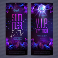 Summer tropic disco party poster with fluorescent tropic leaves and disco ball. Invitation design. Summer background. Vector illustration - obrazy, fototapety, plakaty