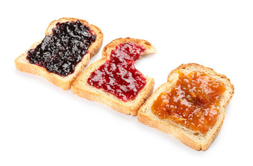 Toasts with delicious jam on white background