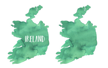 Watercolor drawing of Ireland Map Silhouette. Set of two variation: blank one and with text lettering example. Hand drawn watercolour sketchy drawing on white, cut out clip art elements for design. - 524016228