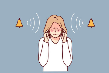 Stressed woman close ear suffer from loud noise. Unhappy girl avoid noisy bells ringing. Vector illustration. 