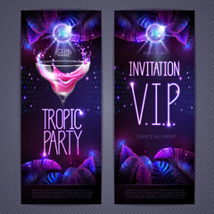 Summer tropic disco party poster with fluorescent tropic leaves and cocktail. Invitation design. Summer background. Vector illustration