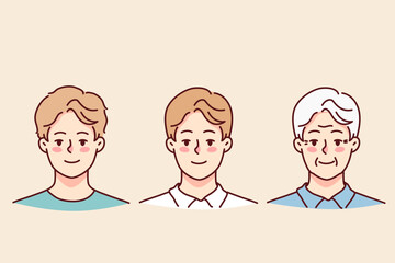 Set of man aging. Collection of teen guy, grownup male and mature grandfather. Concept of age process. Vector illustration. 