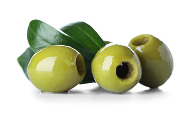 Green olives on white background