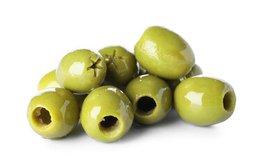 Heap of delicious green olives isolated on white background